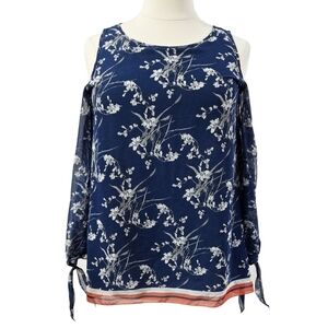Lark & Ro Blue Floral Cold Shoulder Cutout Sleeve Tie Cuff Blouse Romantic